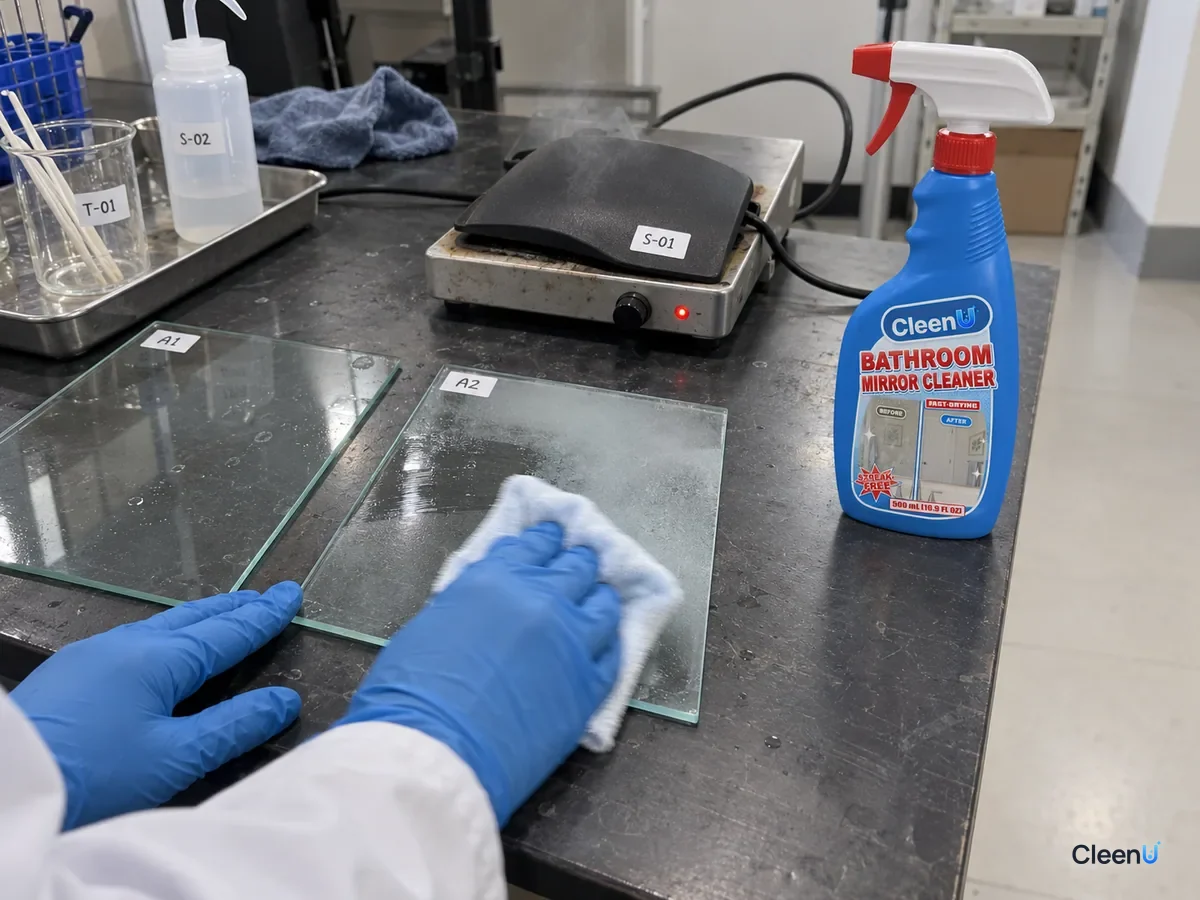 Lab bench: two coded glass panels by a heated plastic trim sample; the nearer one fogged with oily film is wiped clean with glass cleaner, beside CleenU Bathroom Mirror Cleaner.
