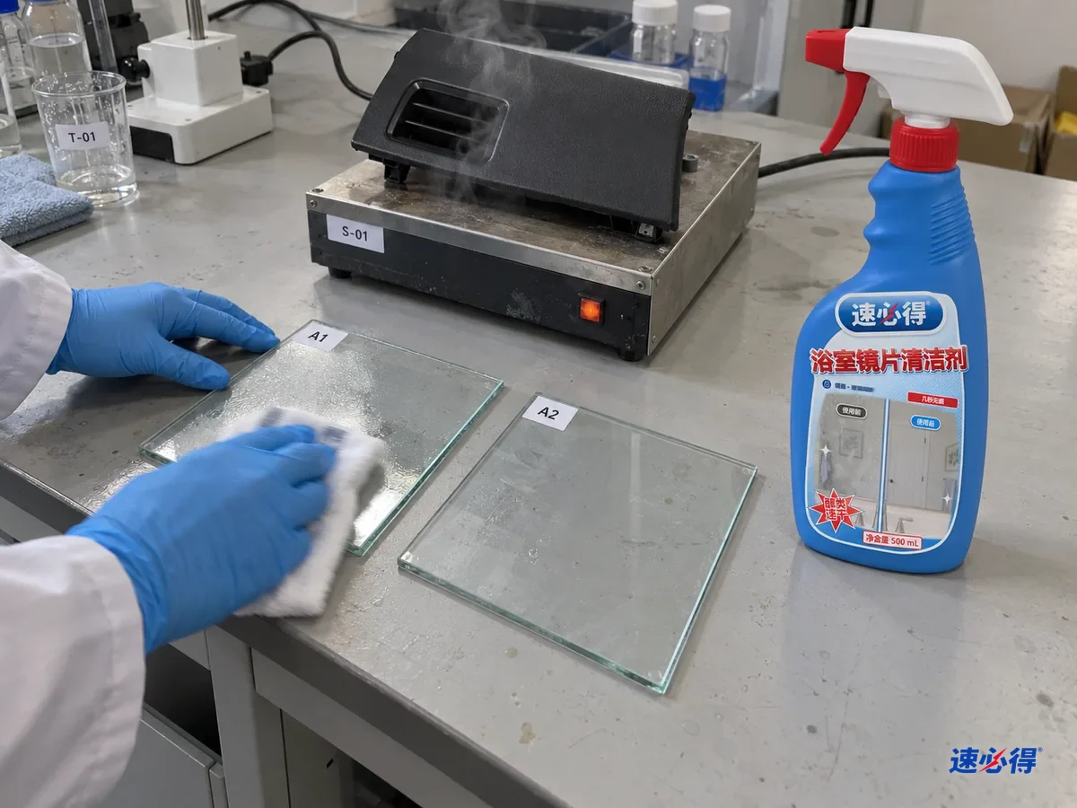 实验台上两块贴着不同测试编号的玻璃样板，旁边放着一块被加热的塑料内饰样片，靠近它的那块玻璃起了一层油雾，技术人员用喷了玻璃清洁剂的布擦掉，台面上放着一瓶速必得浴室镜片清洁剂。