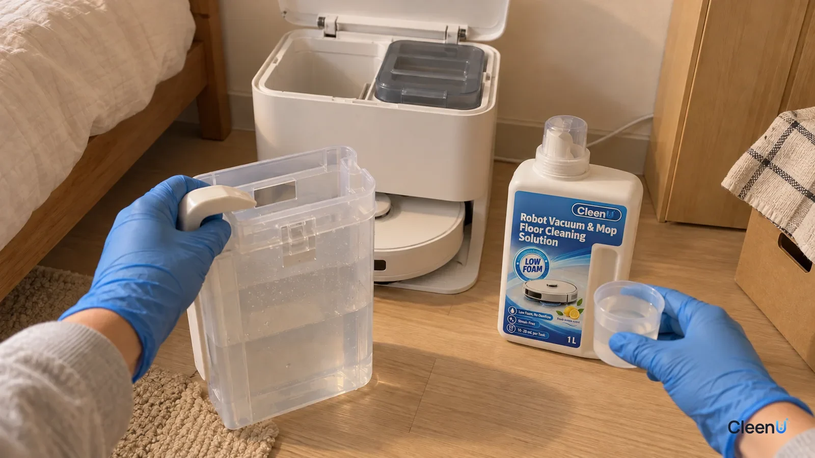 A blue-gloved hand lifts the clean tank out of the base, the other holds a measuring cup beside a CleenU solution bottle.