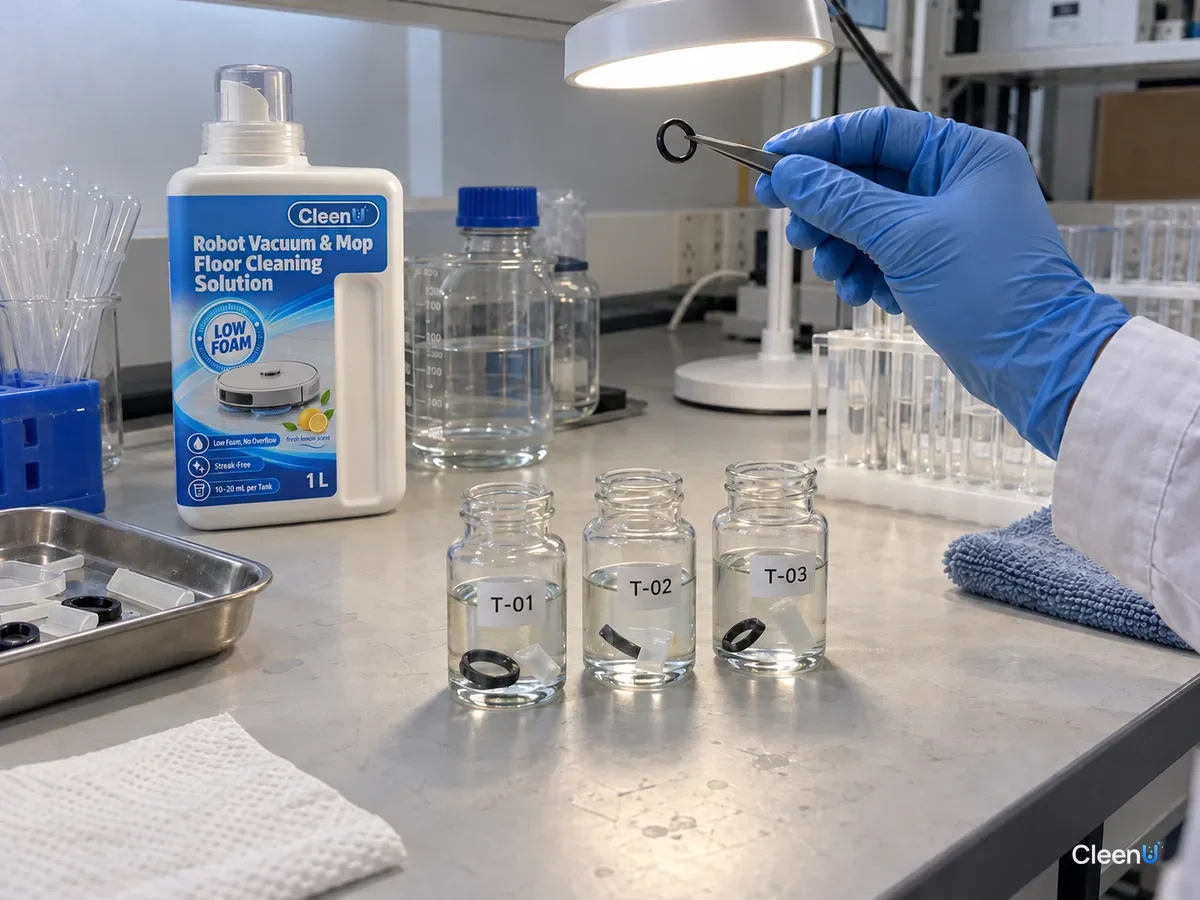 Vials labeled T-01 to T-03 hold soaking rubber rings as a gloved hand lifts one with tweezers, beside a CleenU bottle.