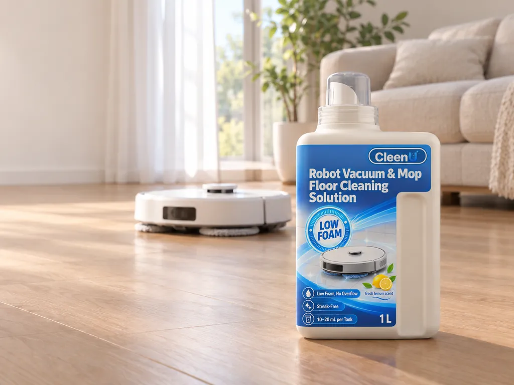 CleenU robot mop cleaning solution on a living room wood floor, with a robot mop working behind it