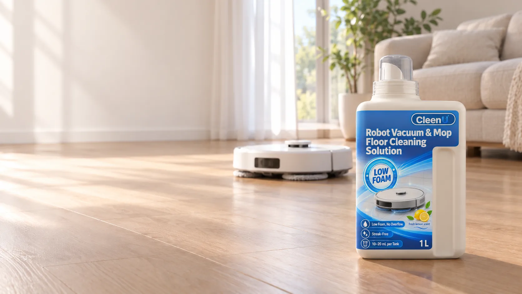 CleenU robot mop cleaning solution next to a robot vacuum on a wood floor