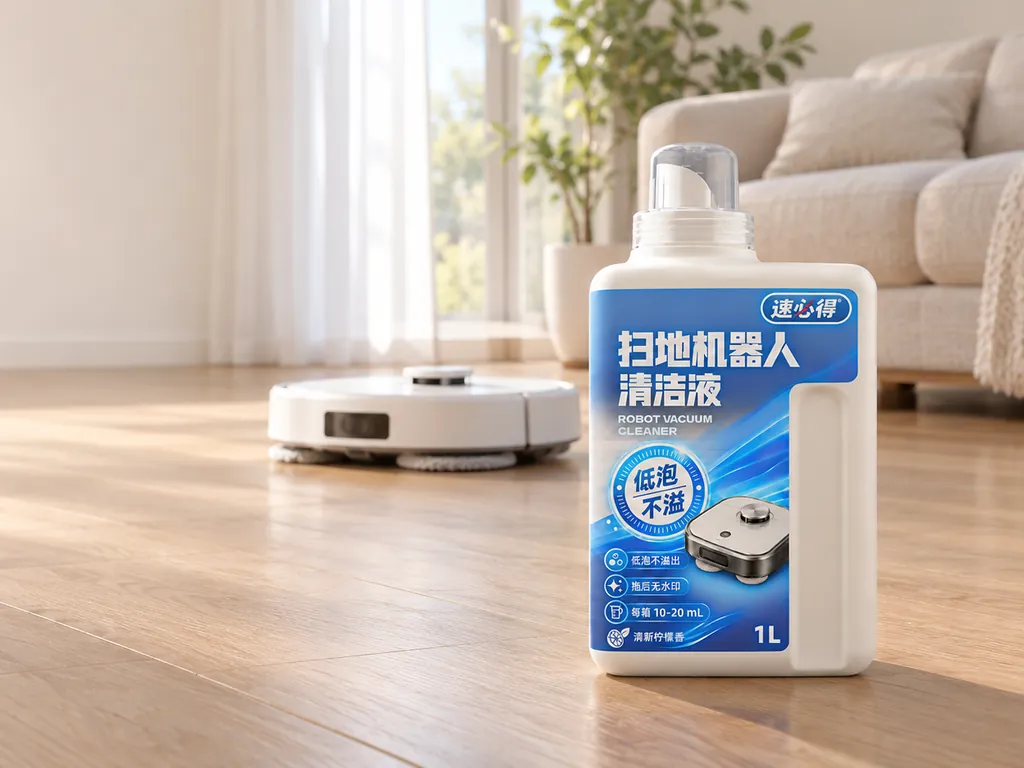速必得扫地机器人清洁液立在客厅木地板上，后面是正在拖地的扫地机器人