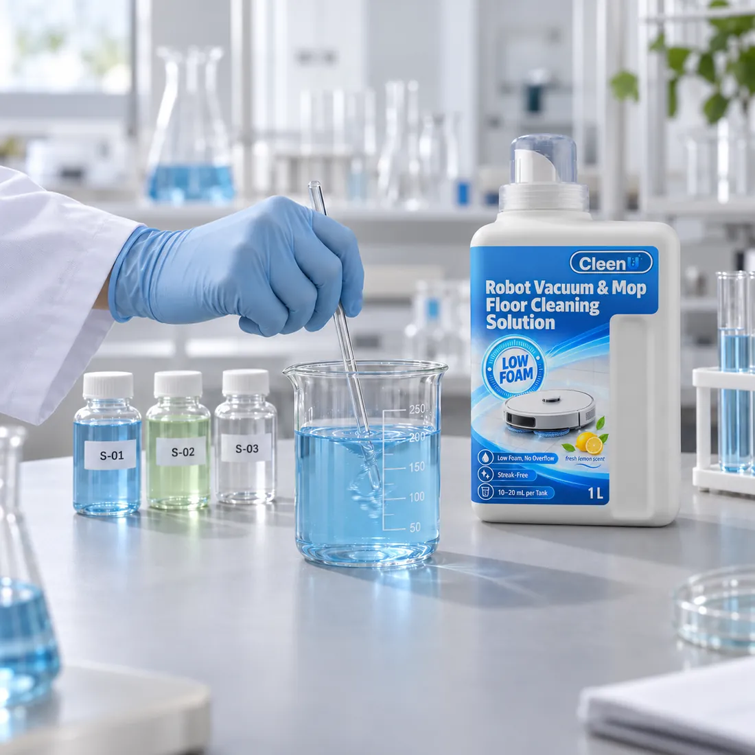 A CleenU technician mixing a cleaner sample in the lab, next to CleenU robot mop cleaning solution