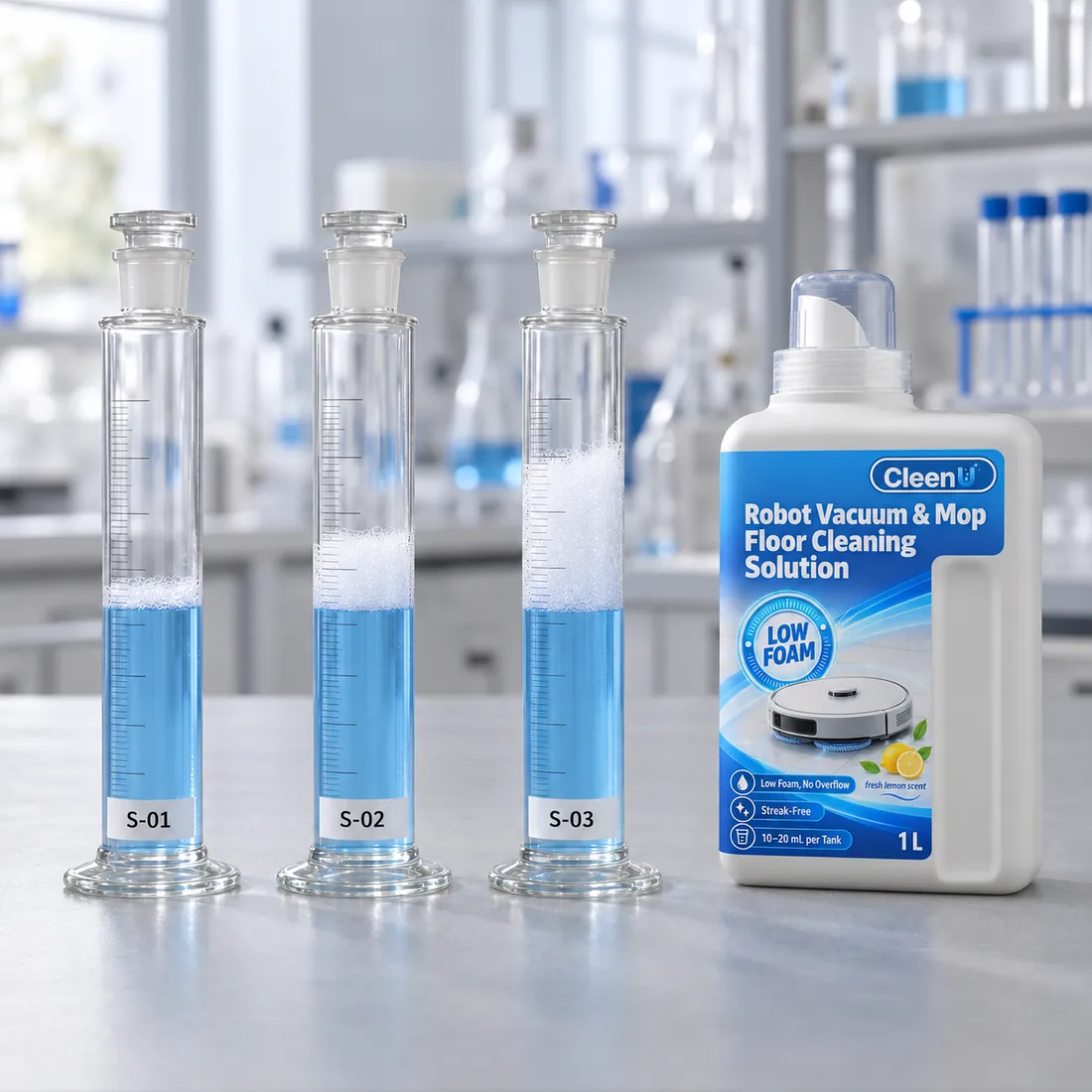 Foam test cylinders for three cleaning-solution samples beside a CleenU robot vacuum and mop cleaning solution jug
