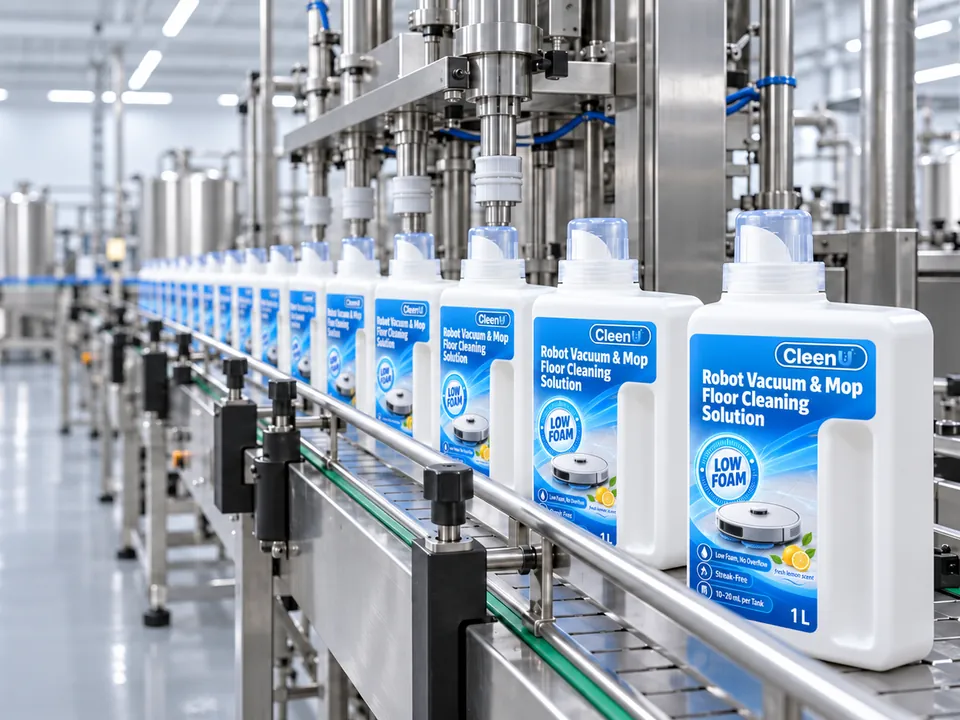 CleenU robot mop cleaning solution jugs on a filling line