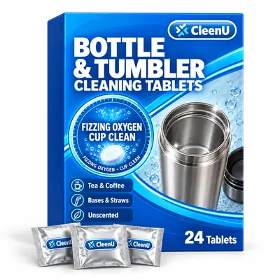 CleenU Bottle & Tumbler Cleaning Tablets, 24-count box of individually wrapped tablets