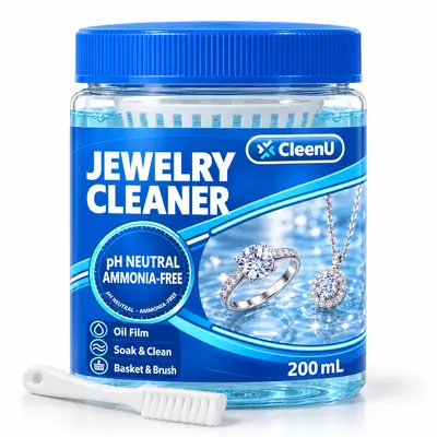 CleenU Jewelry Cleaner, 200 mL jar with soak basket and soft brush