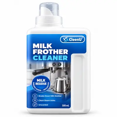 CleenU Milk Frother Cleaner, 500 mL screw-cap bottle with measuring cup
