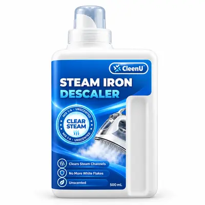 CleenU Steam Iron Descaler, 500 mL bottle with measuring cup