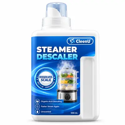 CleenU Steamer Descaler, 500 mL bottle with measuring cup
