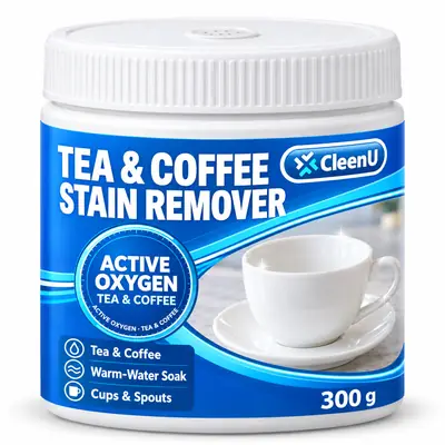 CleenU Tea & Coffee Stain Remover, 300 g tub with scoop and vented moisture-proof lid