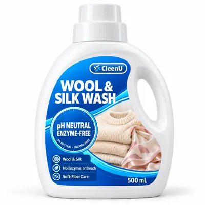 CleenU Wool & Silk Wash 500 mL bottle with measuring cap