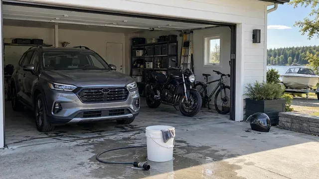 车库前的汽车、摩托车与自行车