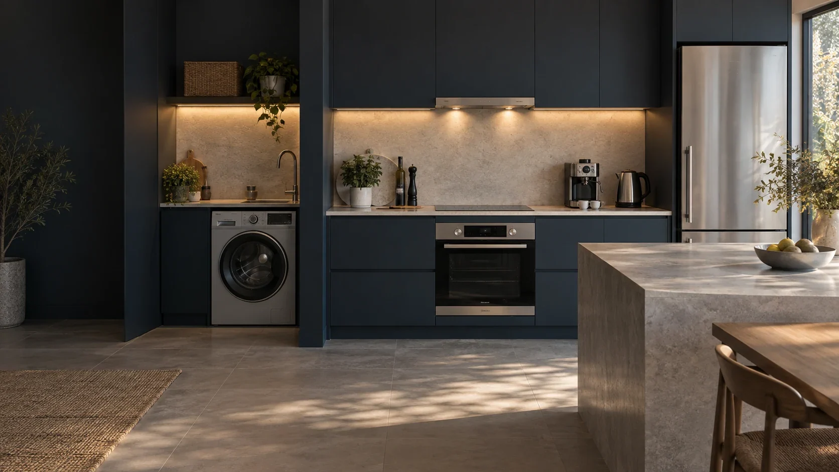Navy home kitchen with a washing machine, oven, coffee machine, electric kettle and refrigerator