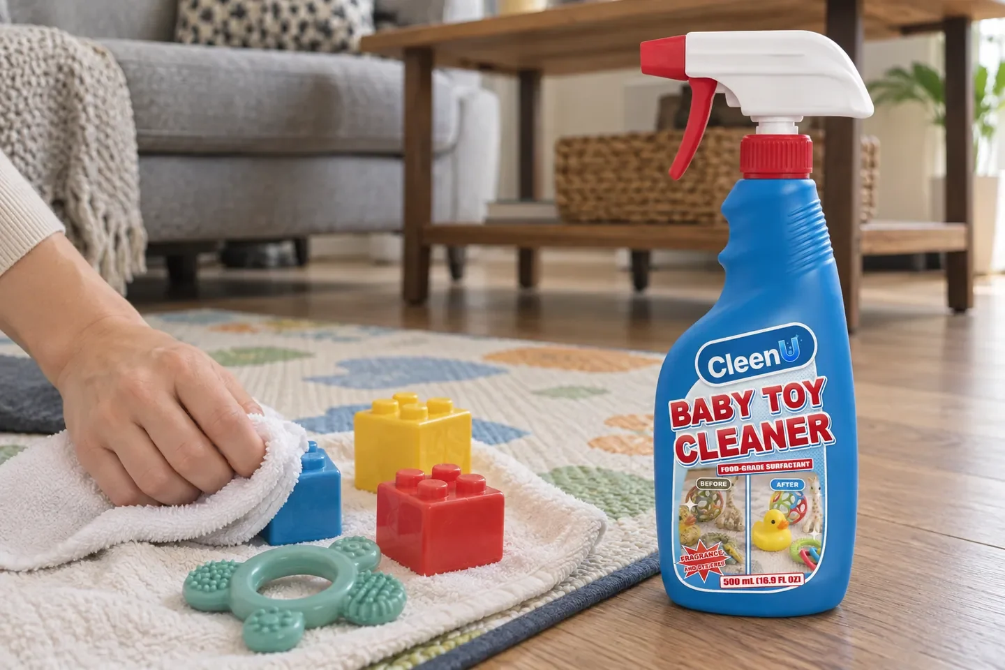 On a living-room play mat, a hand wipes a plastic block on a towel beside a silicone teether, with a bottle of baby toy cleaner nearby