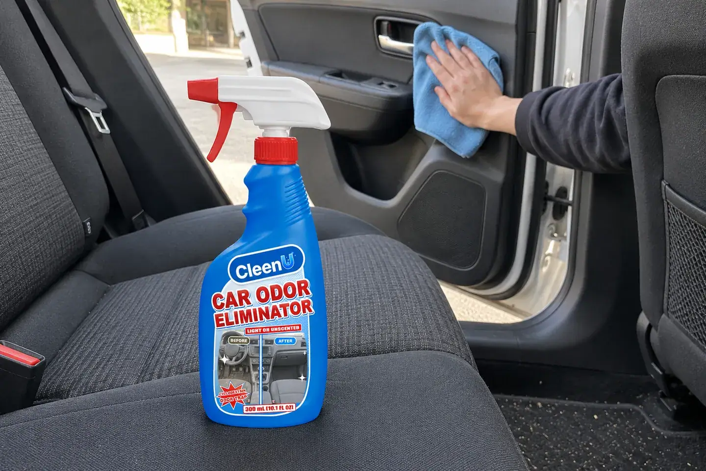 At an open car door, a hand wipes the inside door panel with a microfiber cloth, with a bottle of interior cleaning spray standing on the fabric seat