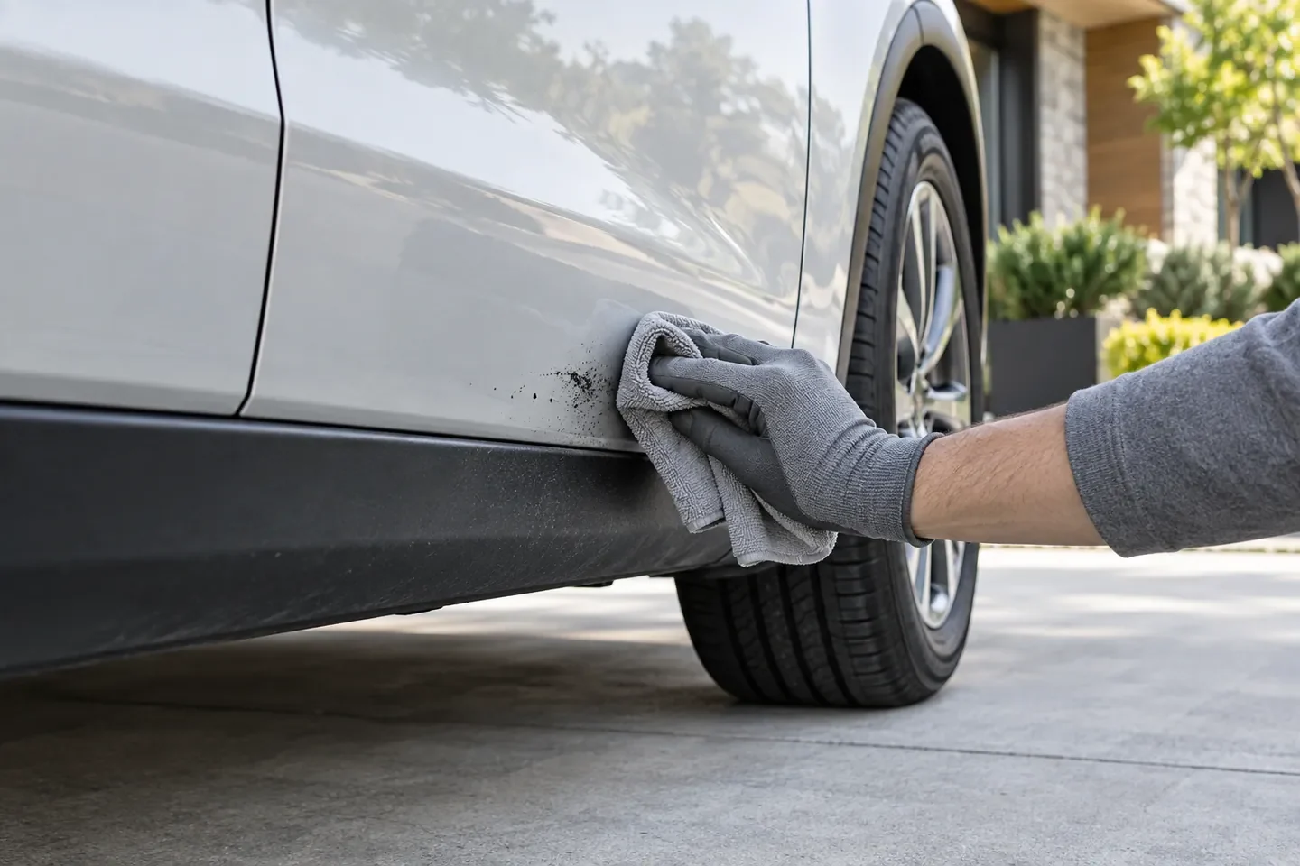 A gloved hand wiping the lower exterior car door with a cloth