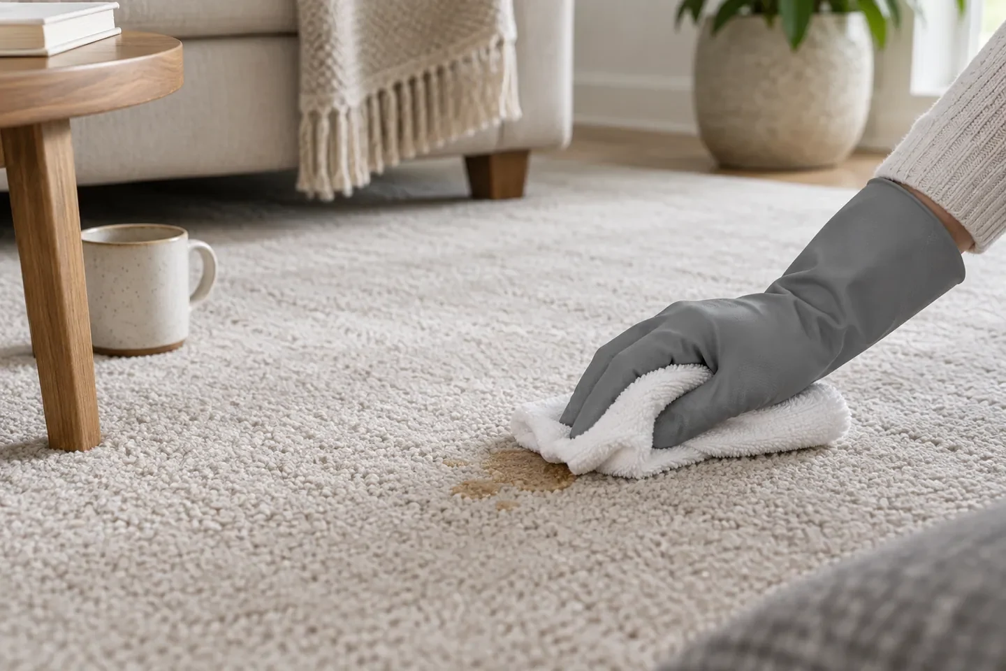 Gloved hand blotting a carpet stain with a white cloth, carpet stain remover use scene