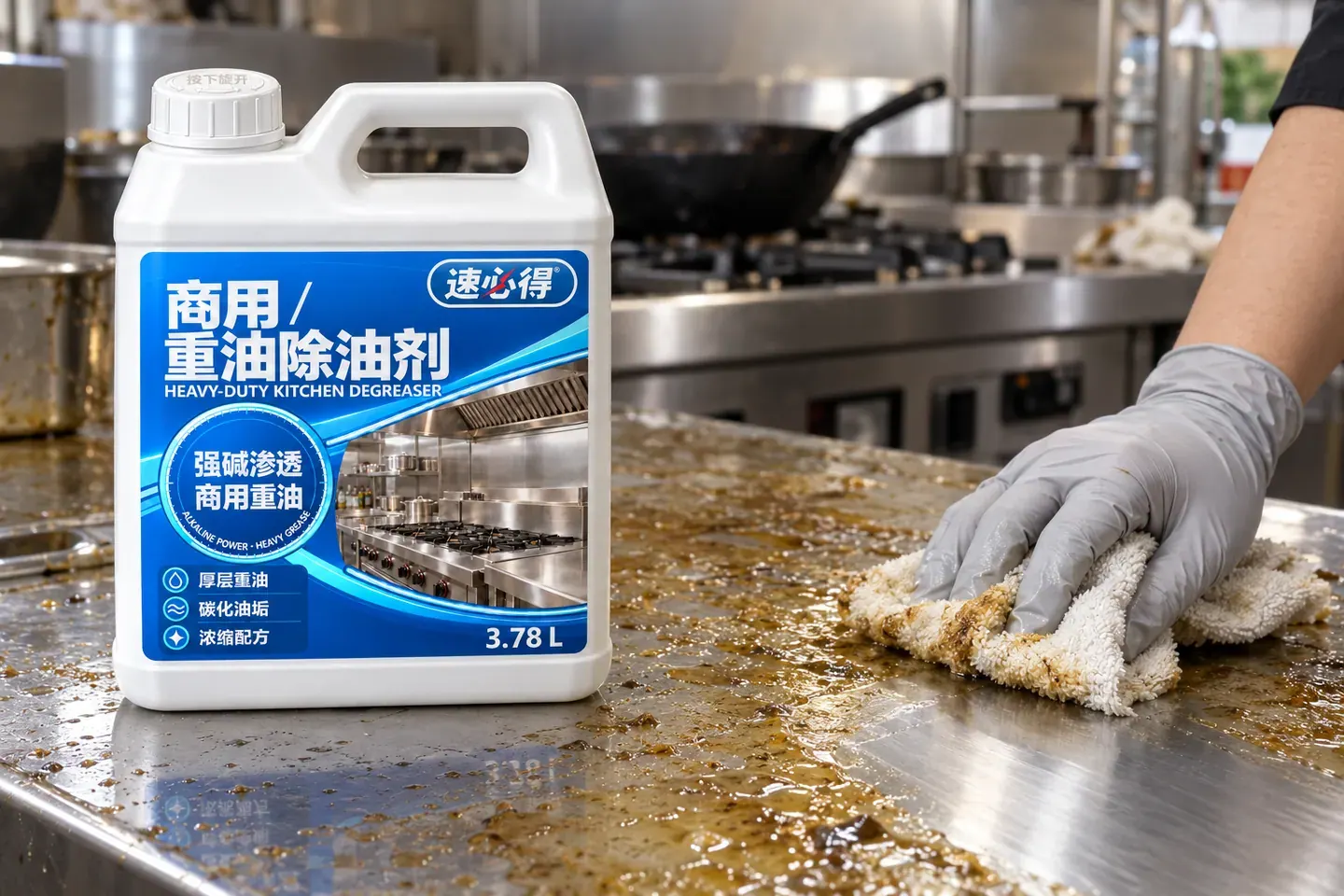 商用后厨，一只戴手套的手用布擦拭不锈钢操作台上的油膜，旁边是一桶商用除油剂，背景可见炉灶