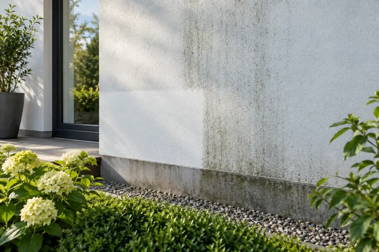 A light exterior wall with dark streaks and a lighter section