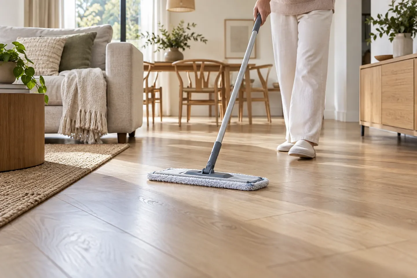 Flat mop cleaning a laminate wood floor along the grain, hardwood floor cleaner use scene