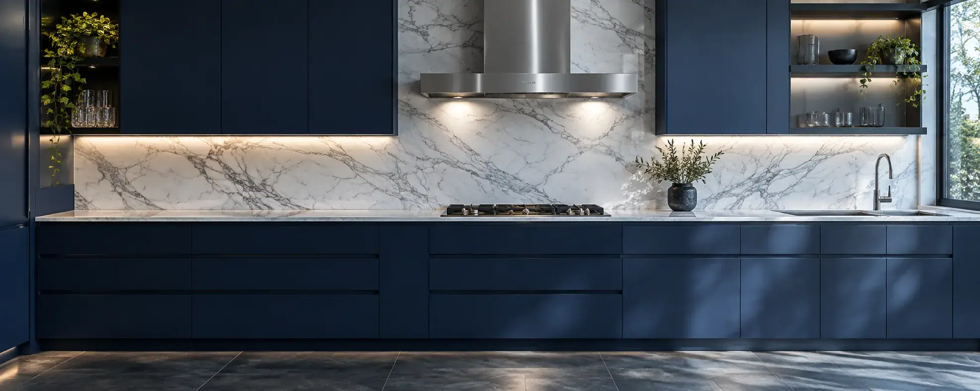 Modern kitchen with navy cabinets, extractor hood, cooktop, and sink