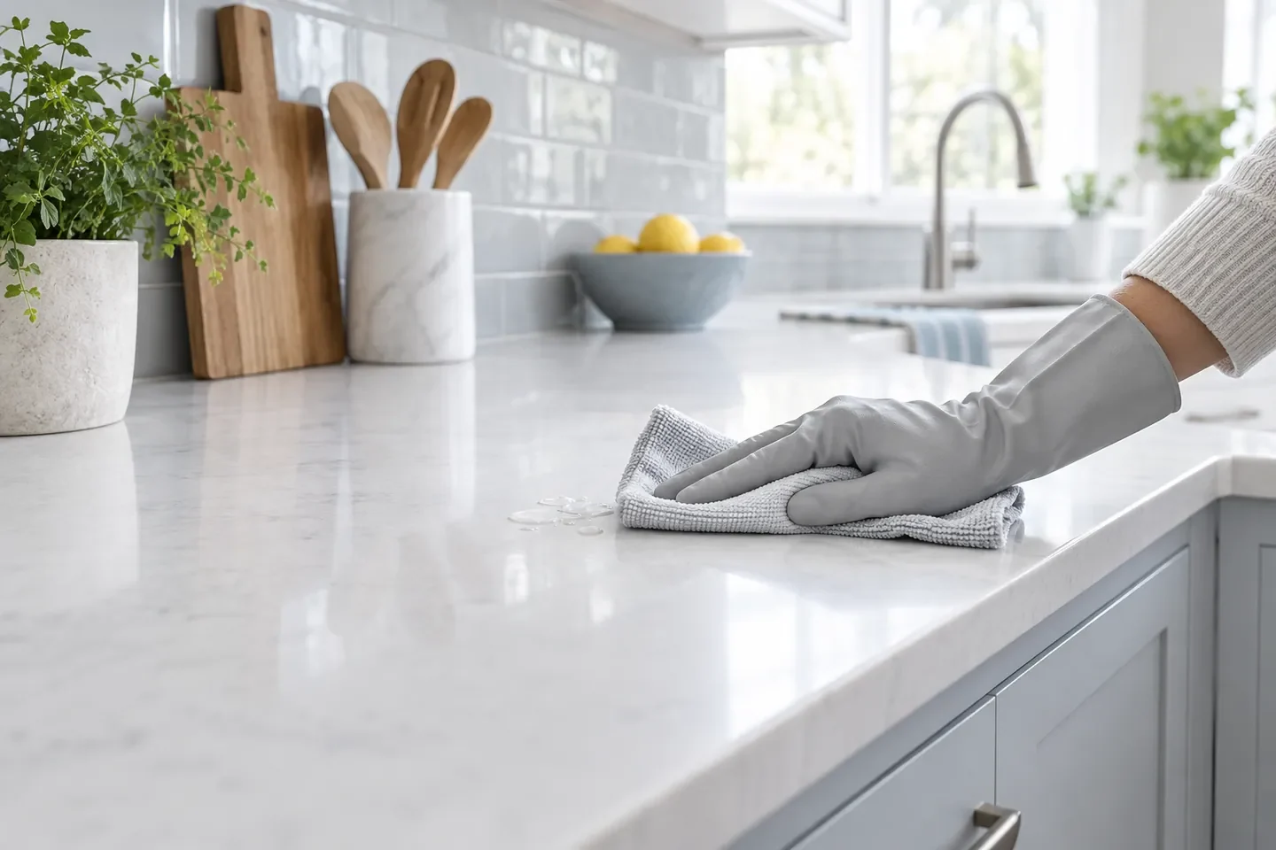 Gloved hand wiping a kitchen countertop, countertop cleaner use scene