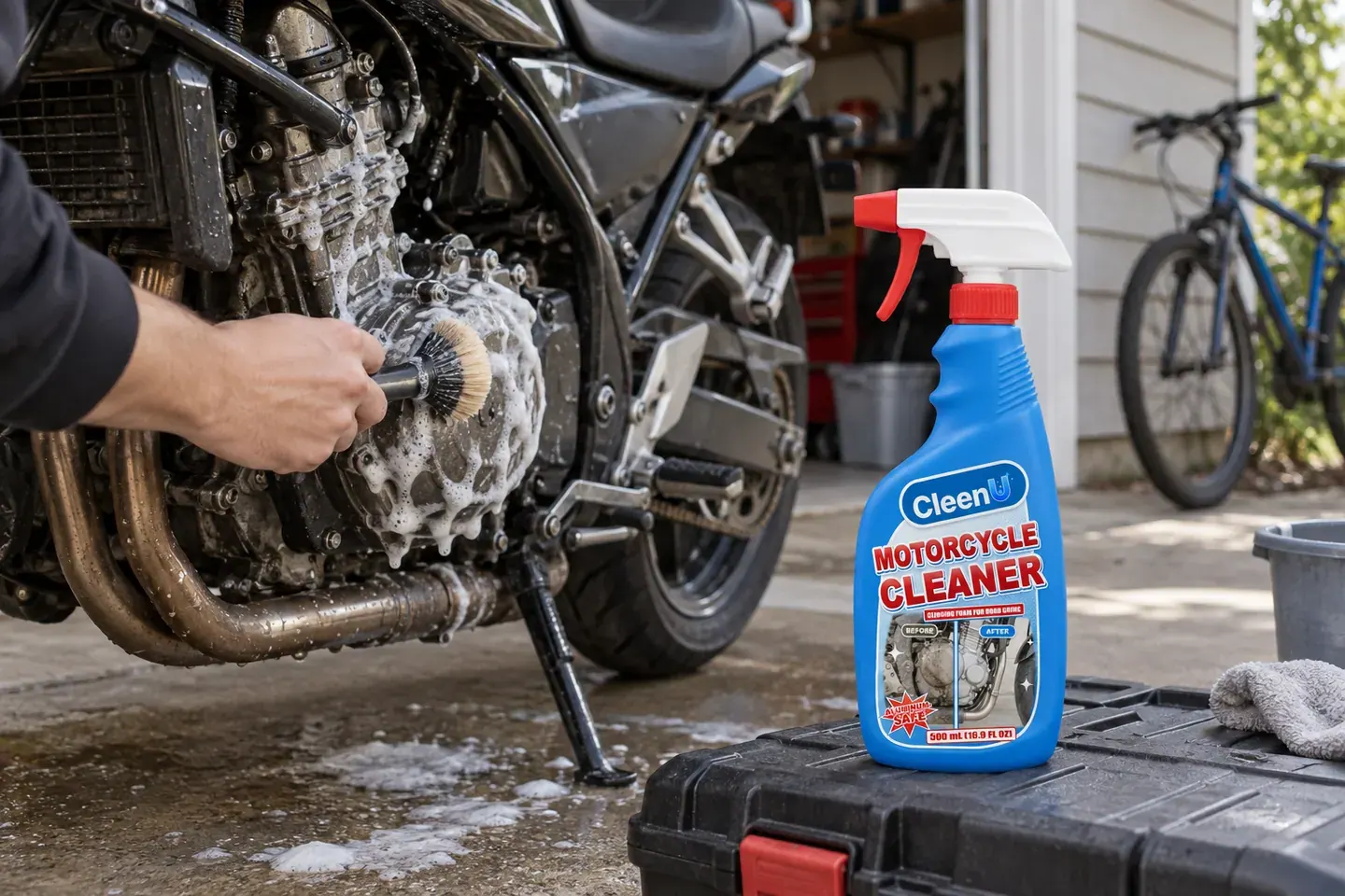 At a garage entrance, a hand brushes foam on a motorcycle engine case, with a bicycle and a bucket behind and a bottle of motorcycle cleaner on the ground