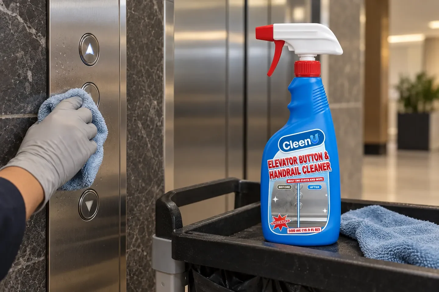 In a mall elevator lobby, a gloved hand wipes an elevator button panel with a cloth, with a bottle of cleaning spray on a cleaning cart beside it