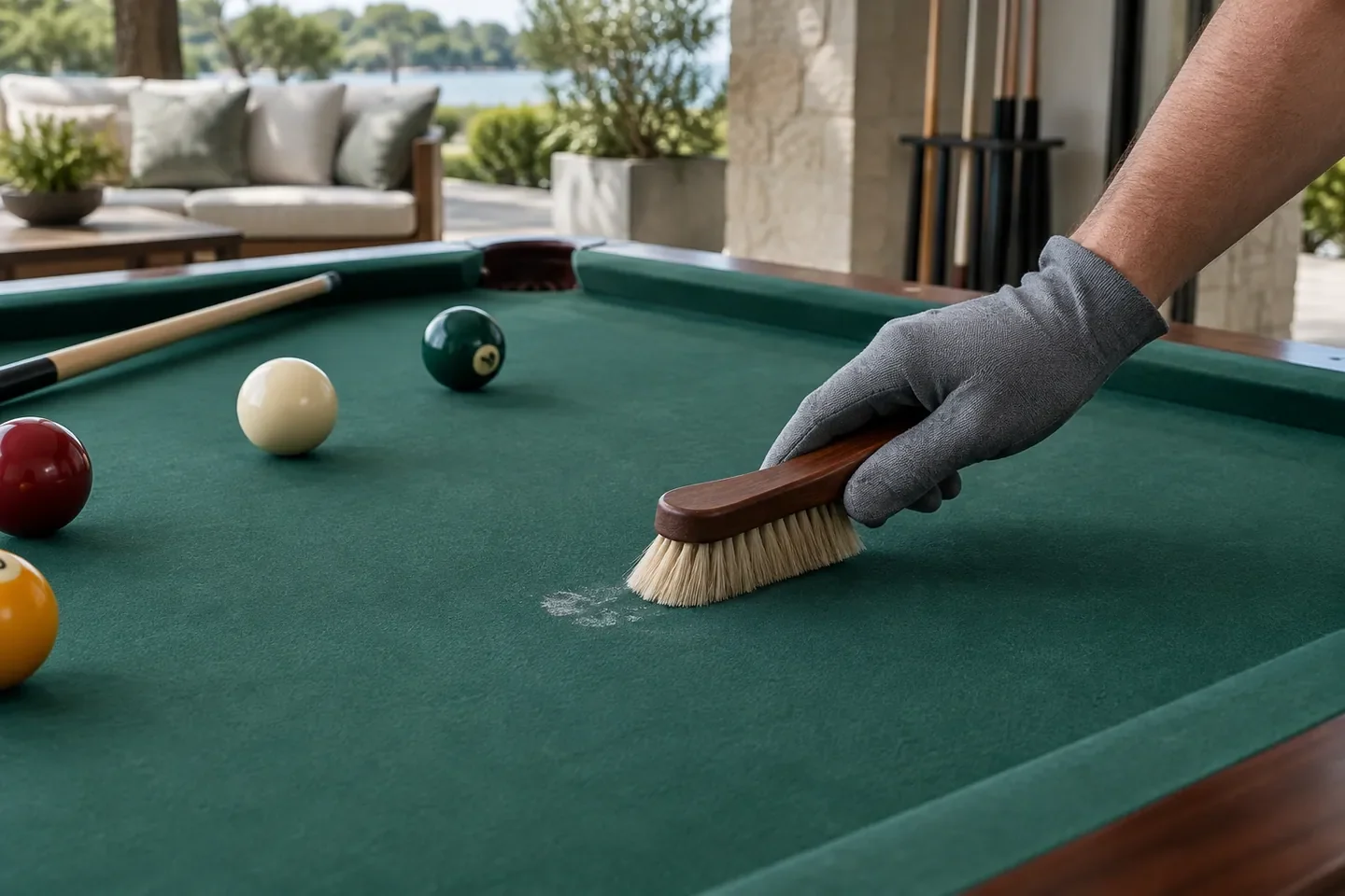 Cloth wiping pool table felt, pool table cloth cleaner use scene