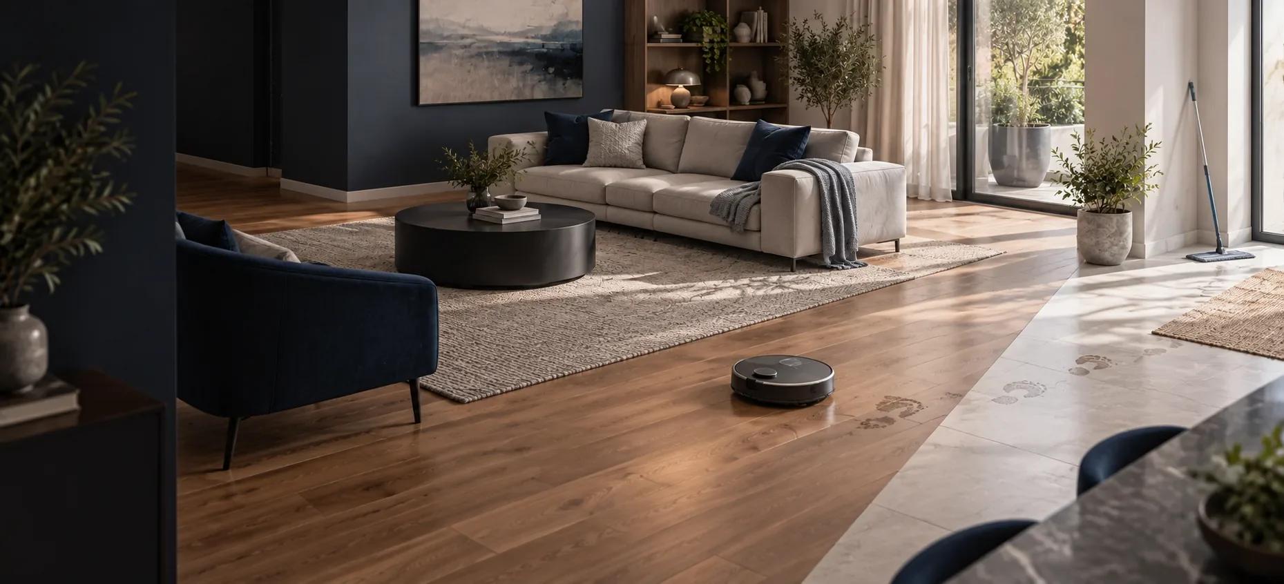 Robot mop at the edge of wood and tile flooring, with a rug, sofa, coffee table and glass patio door