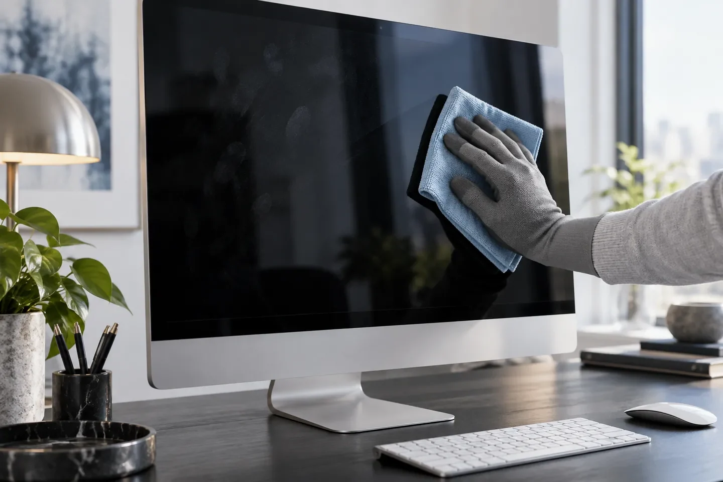 Microfiber cloth wiping a monitor screen in one direction, screen cleaner use scene