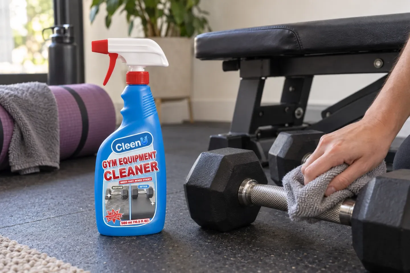In a home gym corner, a hand wipes a dumbbell handle with a cloth, with a rolled yoga mat, a bench and a bottle of gym equipment cleaner nearby