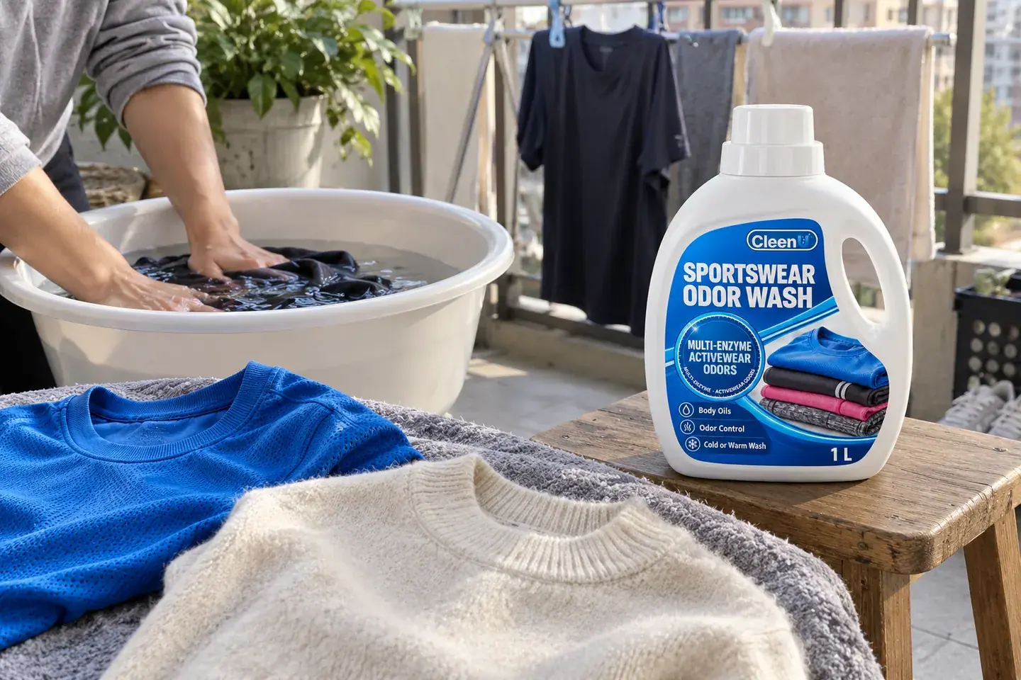 On a balcony, a hand presses a blue sports shirt in a wash basin beside a light wool sweater, with a bottle of sportswear detergent on a stool