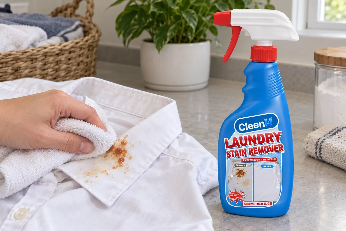A hand blots a food stain beside the collar of a white cotton shirt with a damp cloth, with a stain-spray bottle standing on the table and a washing machine behind