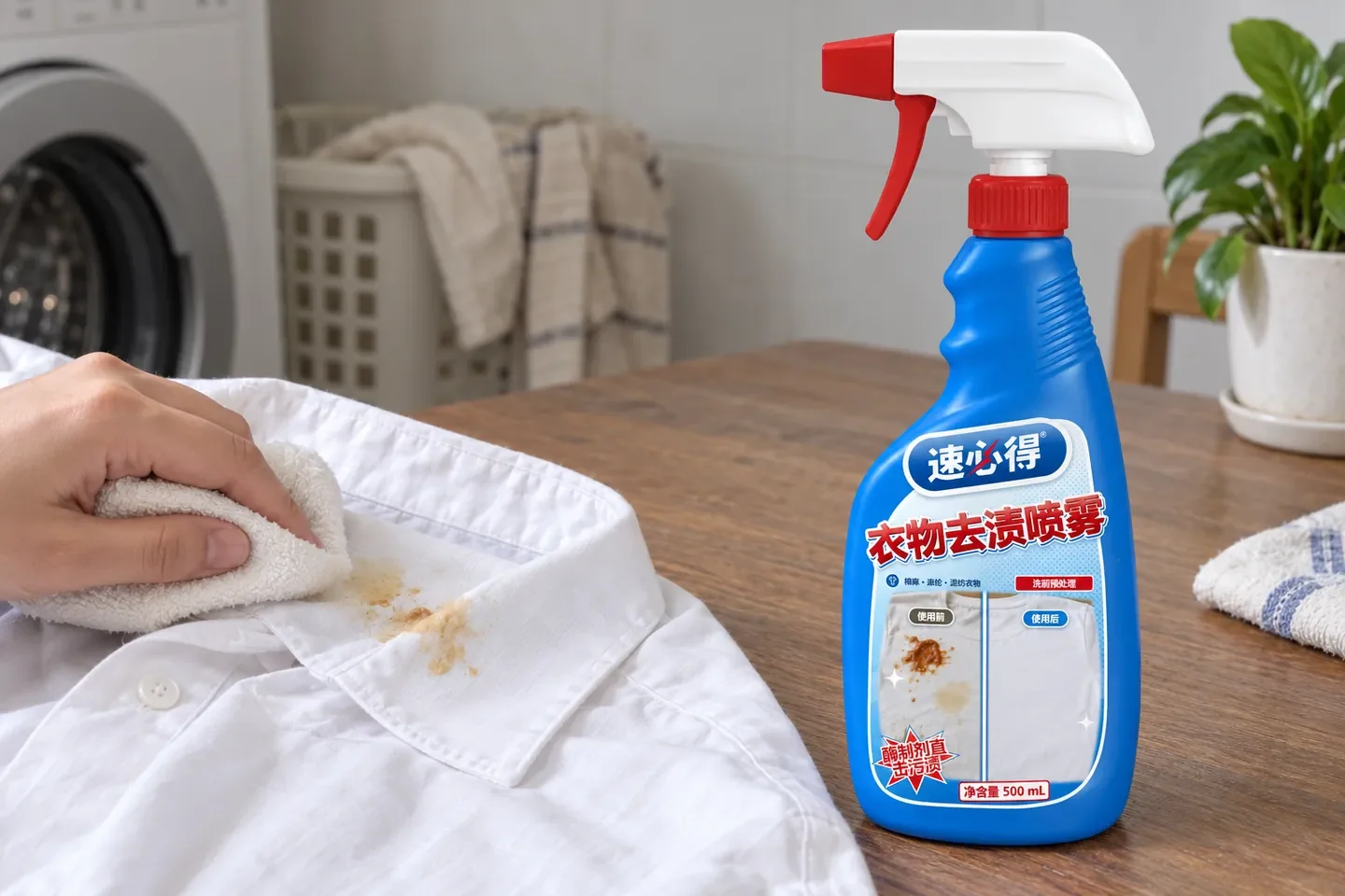 一只手用微湿的布按压白色棉衬衫领口旁的食物渍，桌面上立着一瓶衣物去渍喷雾，背景是洗衣机和洗衣篮